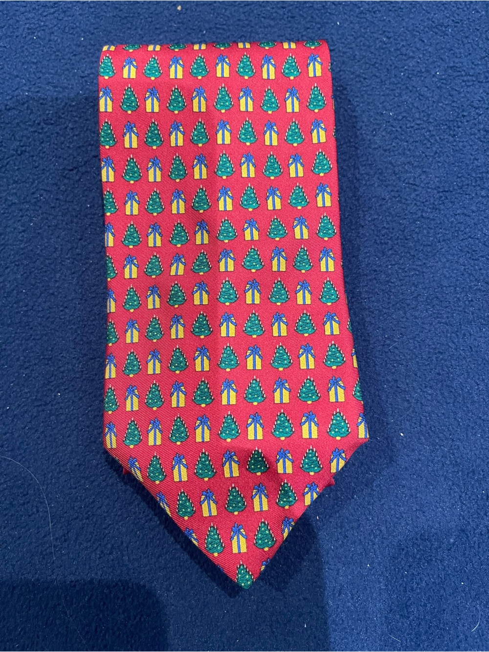 Ho HoHo! Brooks Brothers Red Silk Tie with Green Christmas Trees and Yellow Gift